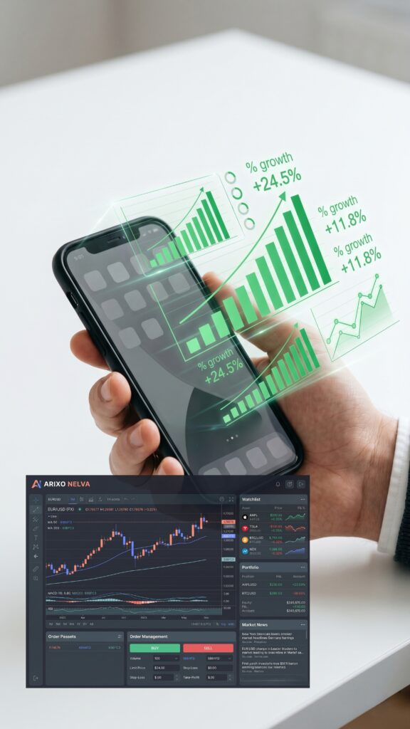 Arixo Nelva App: Close-up of a hand holding a modern smartphone displaying stylized green financial bar charts and graphs showing upward trends and performance metrics.