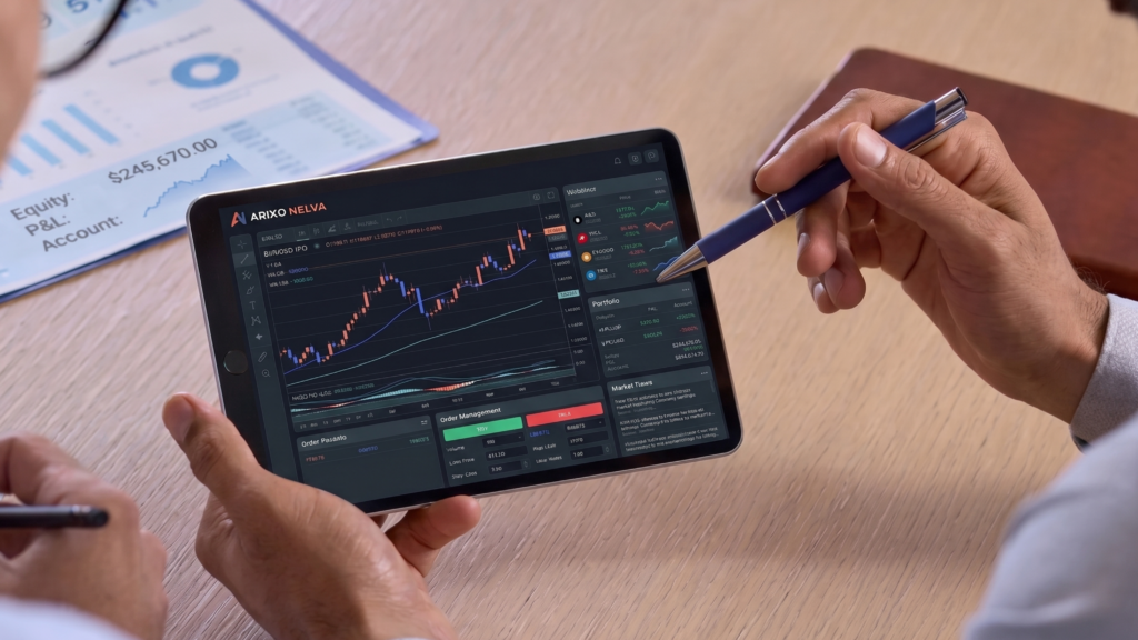 The Arixo Nelva mobile app displayed on a smartphone screen, showing simplified financial portfolio tracking and clean graphics.